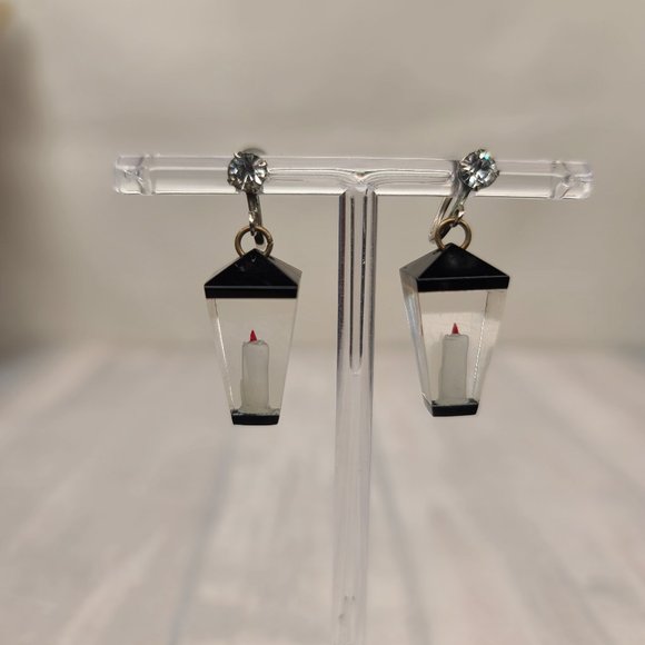 Lucite Candle Lantern Earrings in Black- Vintage, Christmas, Pinup, Screwback - Picture 3 of 6